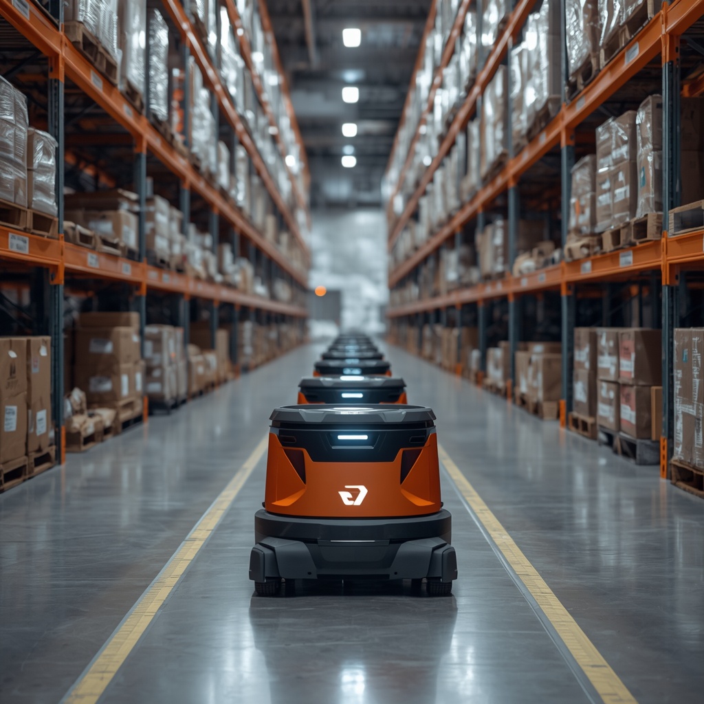 Fleet of autonomous mobile robots navigating a modern warehouse aisle with shelving units and inventory scanning technology
