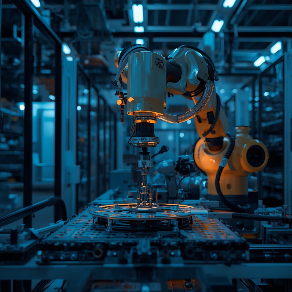 Advanced robotic arm performing precision assembly on a modern automated factory production line with blue lighting and safety sensors