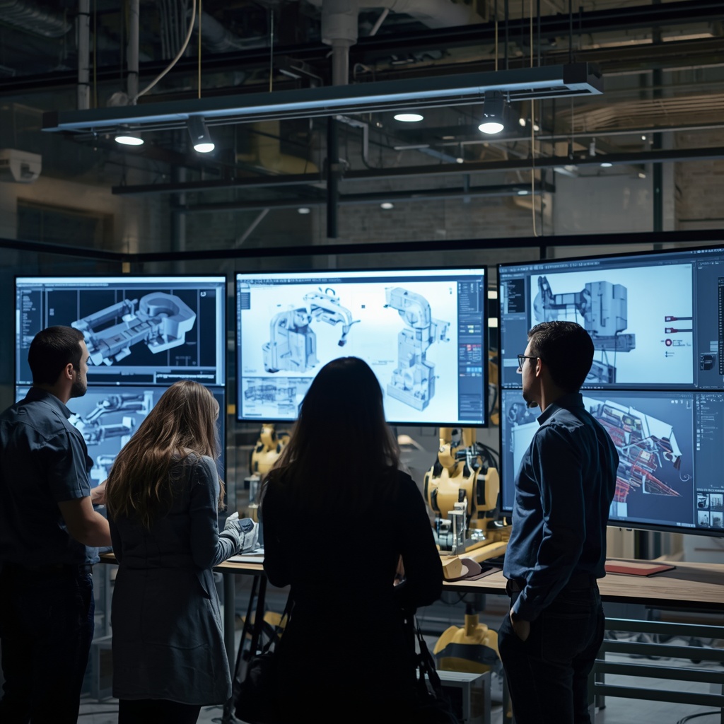 Team of robotics engineers analyzing 3D blueprints and automation layouts on digital screens in a modern innovation lab